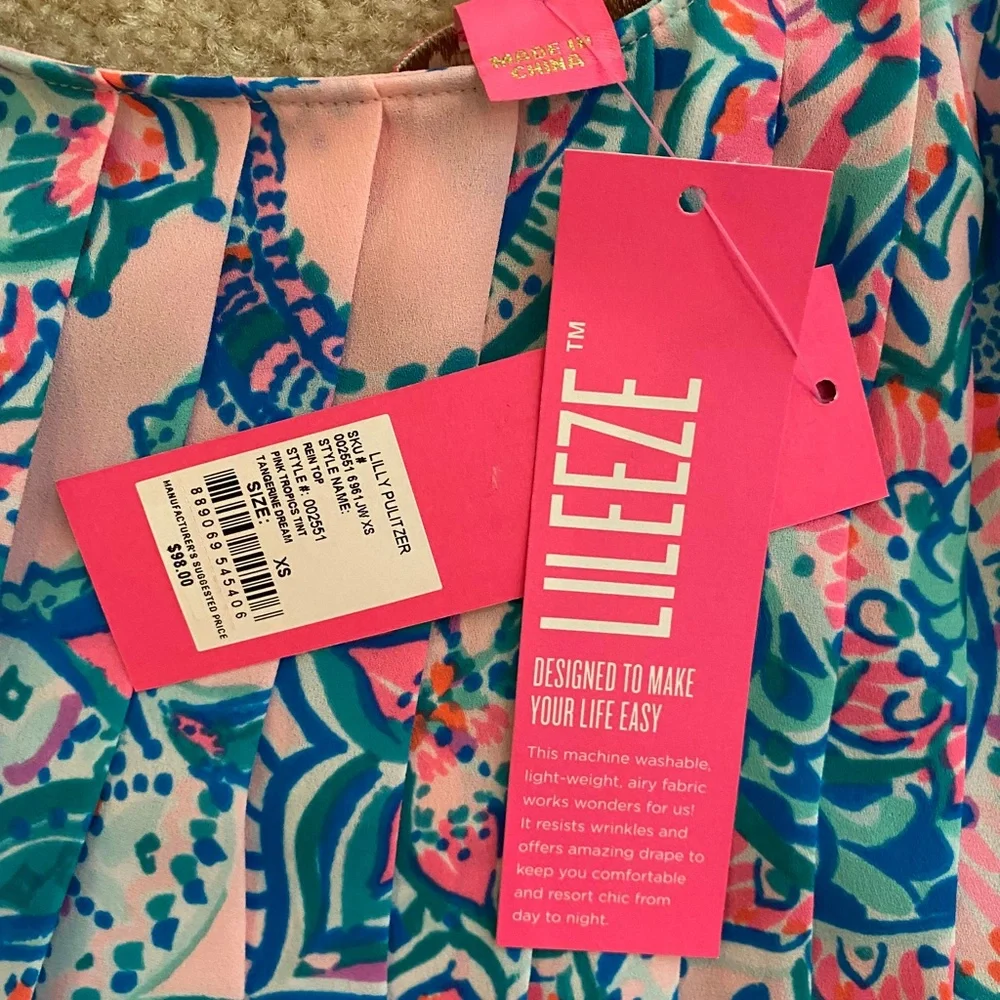 NWT Lilly Pulitzer Pleat Rein Top in Pink Tropics Tint Tangerine Dream - Size XS - Picture 3 of 4